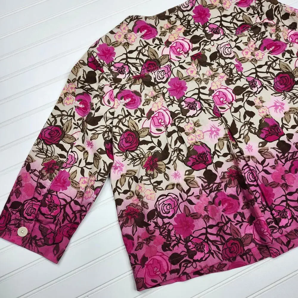 Christopher & Banks Women's Pink Ombre Floral Pleated Denim Jacket Size XL - Picture 3 of 8
